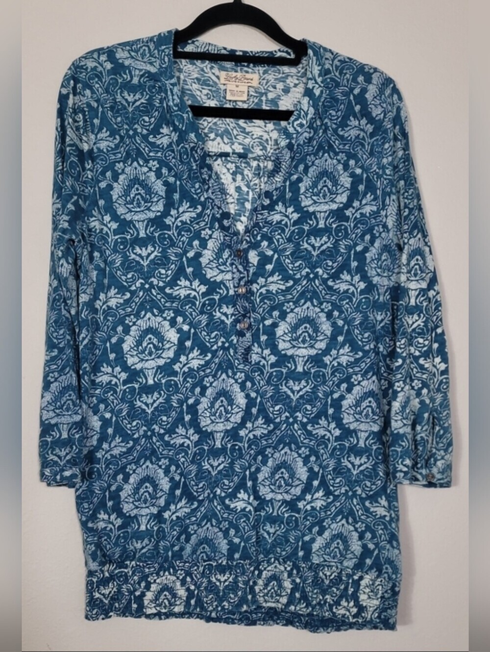 Lucky Brand Long Sleeve Tunic Top Size Medium Blue Artsy Boho V Neck Concet